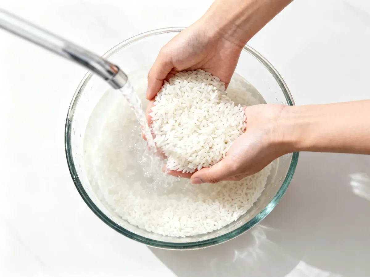 Delikatne płukanie ryżu w misce z zimną wodą