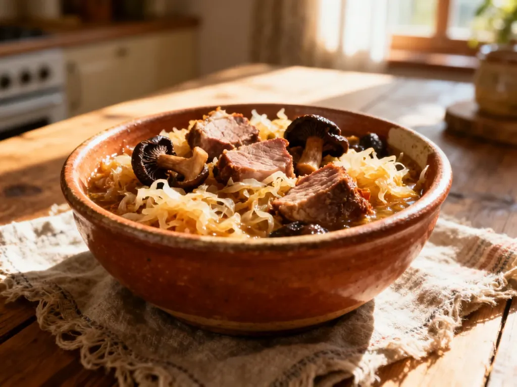 Tradycyjny bigos w rustykalnej misce z widocznymi kawałkami mięsa, kapusty i grzybów na drewnianym stole.