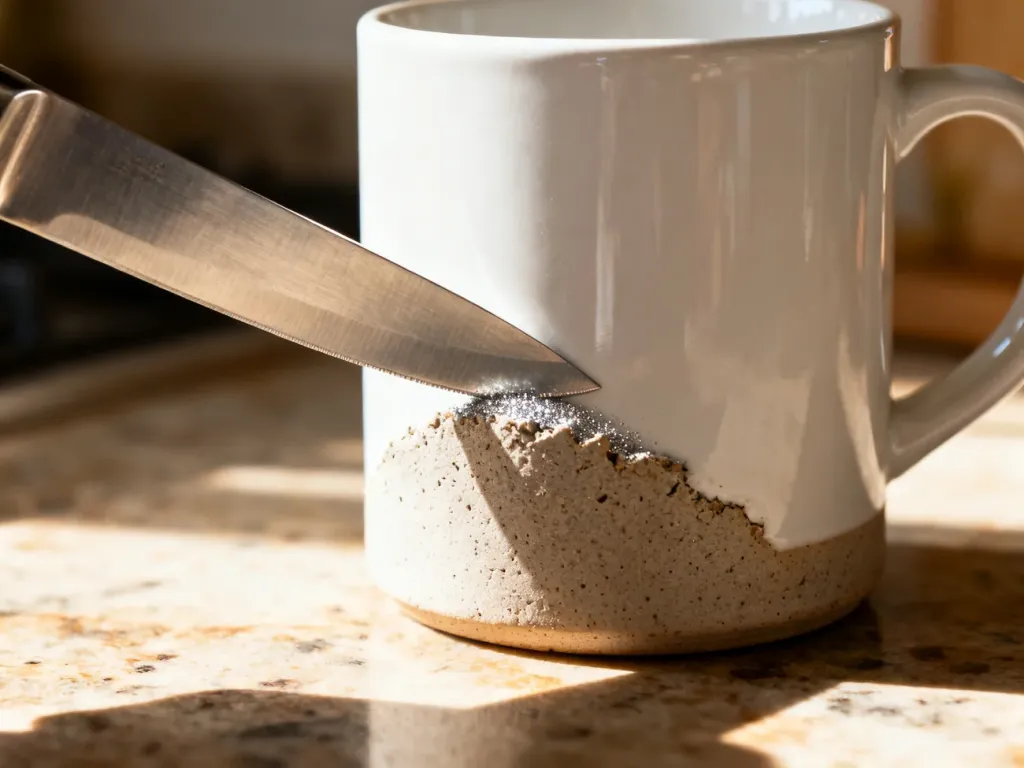 Ostrzenie noża kuchennego o ceramiczny spód kubka. Zbliżenie na styk ostrza z powierzchnią naczynia.