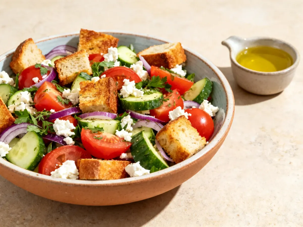 Panzanella z chrupiącymi kawałkami chleba, pomidorami i warzywami
