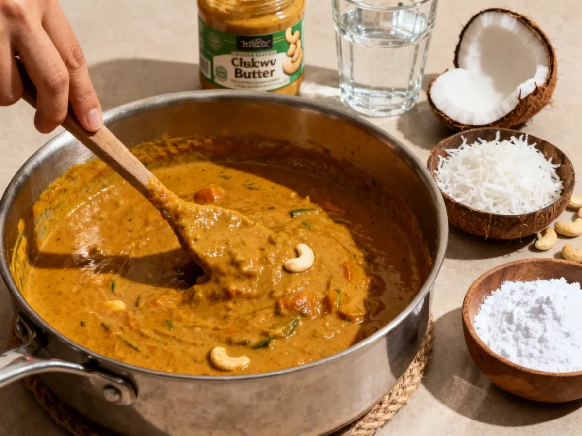 Zagęszczanie sosu curry przy pomocy nerkowców, wiórków kokosowych lub skrobi