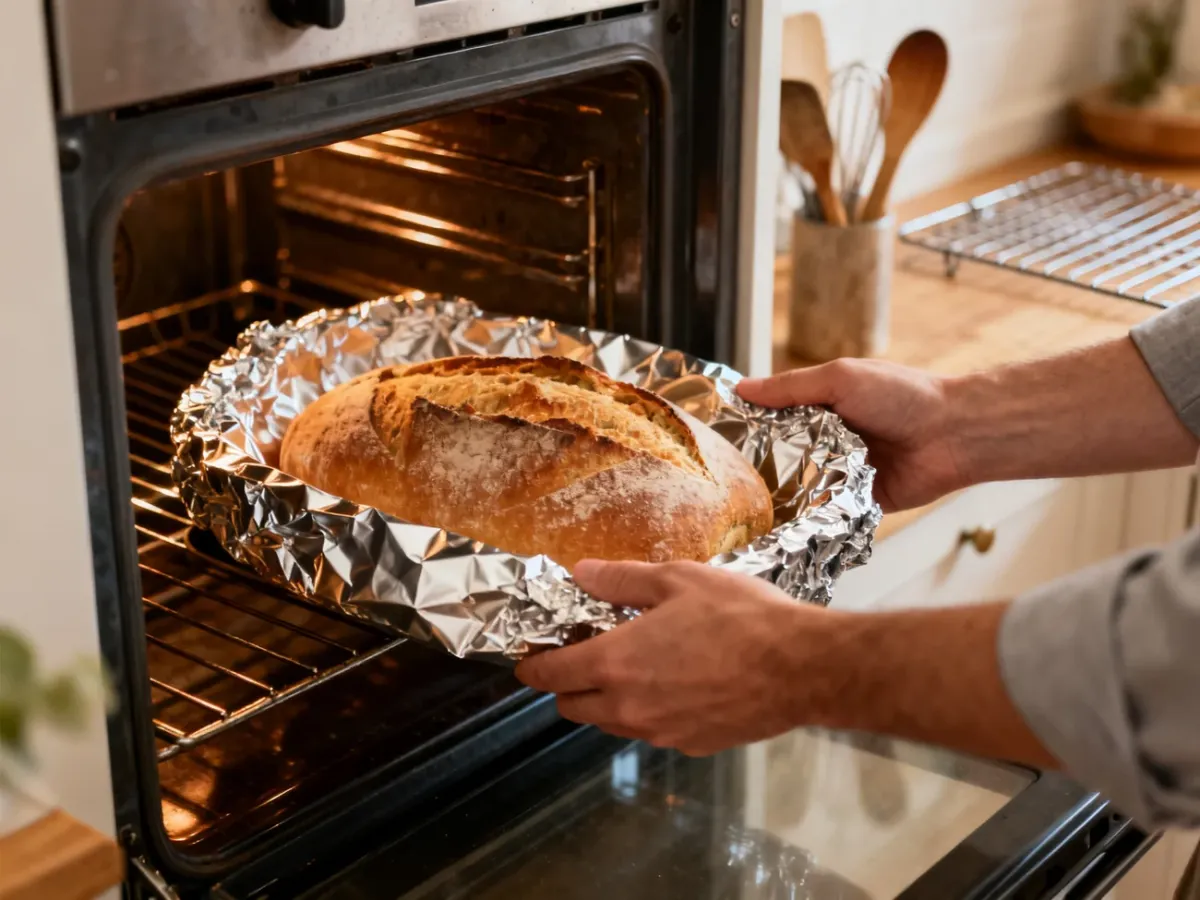 Dopiekanie chleba przykrytego folią aluminiową w piekarniku