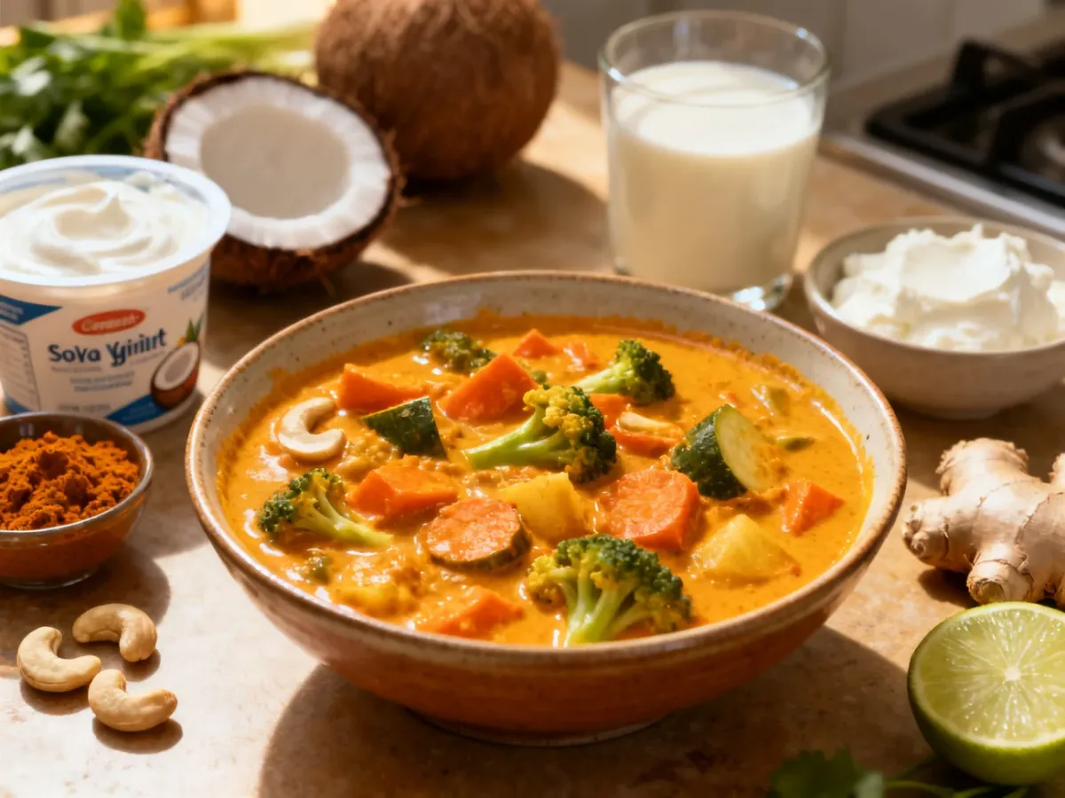 Kremowe curry otoczone składnikami mogącymi zastąpić mleko kokosowe