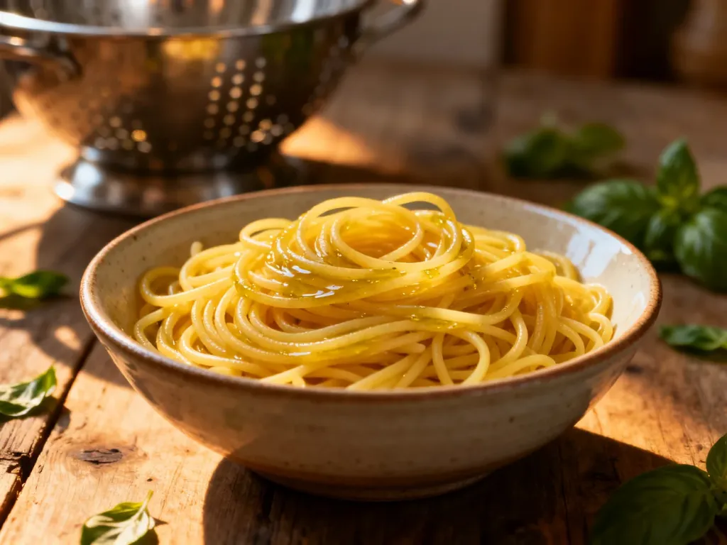 Ugotowane spaghetti w oliwie z oliwek w ceramicznej misce. Obok na blacie widoczny durszlak i świeże liście bazylii.