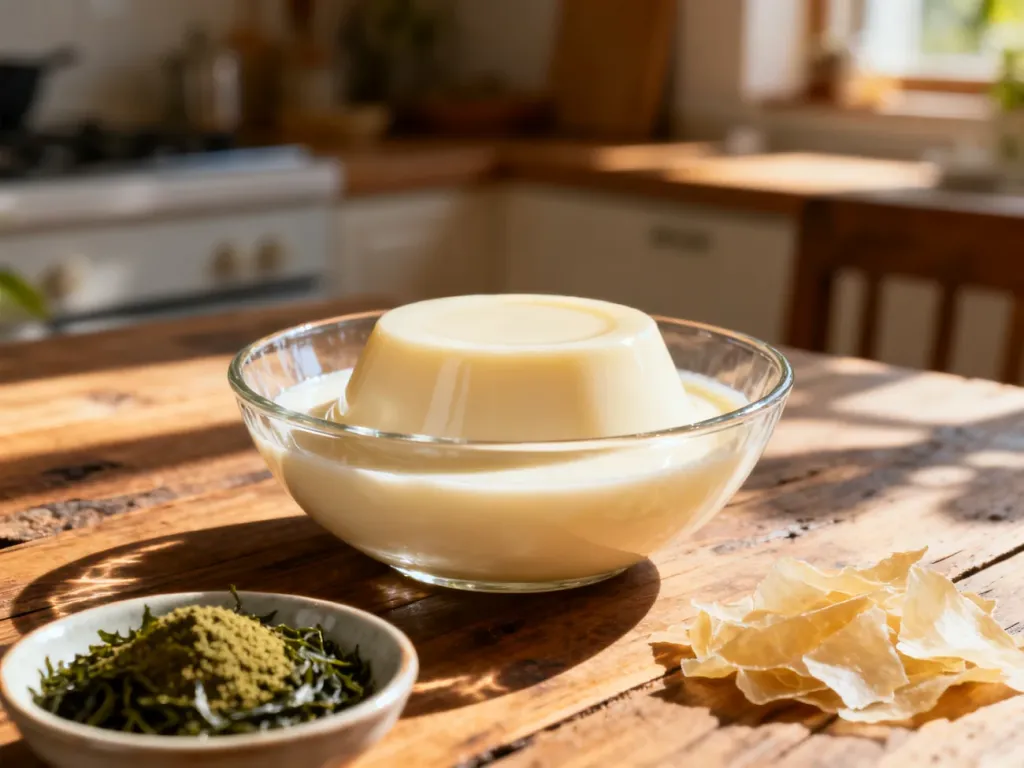 Kremowa panna cotta w szklanej miseczce obok płatków agar-agar, ilustrująca roślinny zamiennik żelatyny.