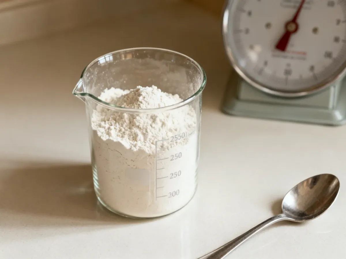 Szklanka 250 ml wypełniona mąką pszenną obok wagi kuchennej