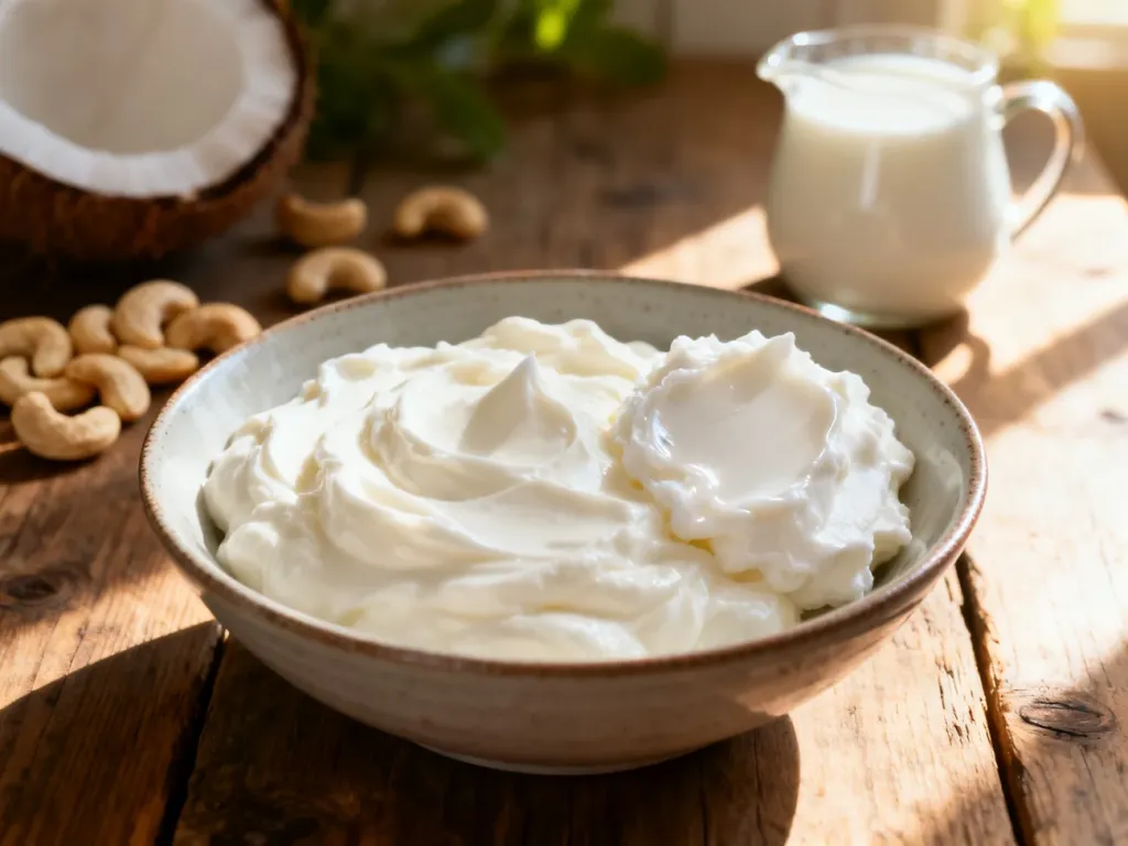 Gęsty jogurt grecki i krem kokosowy w miseczce na drewnianym stole jako zdrowe zamienniki śmietany 30% w kuchni.