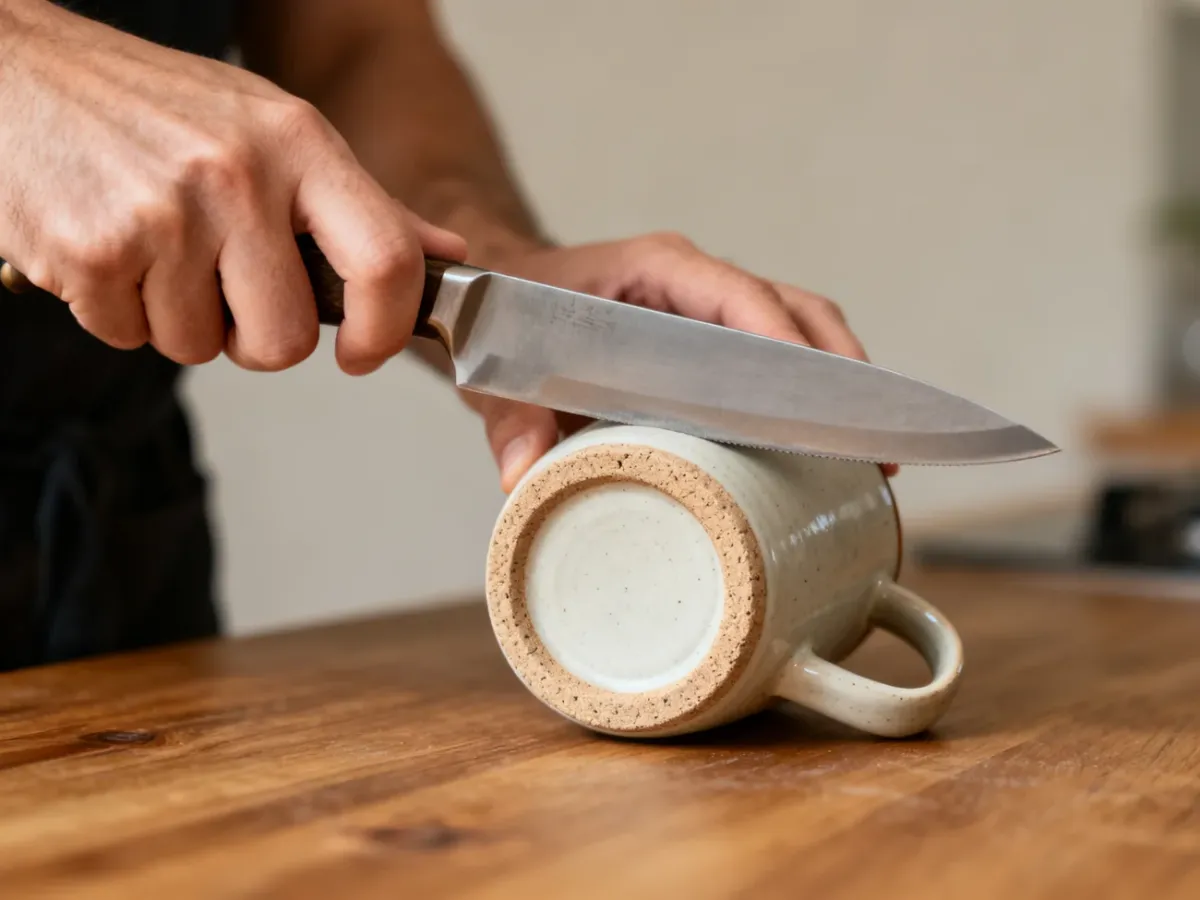 Ostrzenie noża o szorstki spód odwróconego ceramicznego kubka