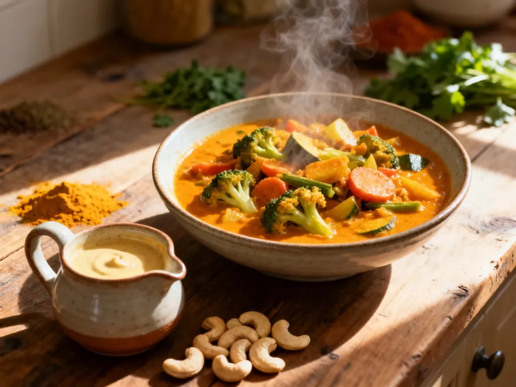 Miska aromatycznego curry z warzywami oraz dzbanuszek z kremowym sosem z nerkowców jako zamiennikiem mleka kokosowego.