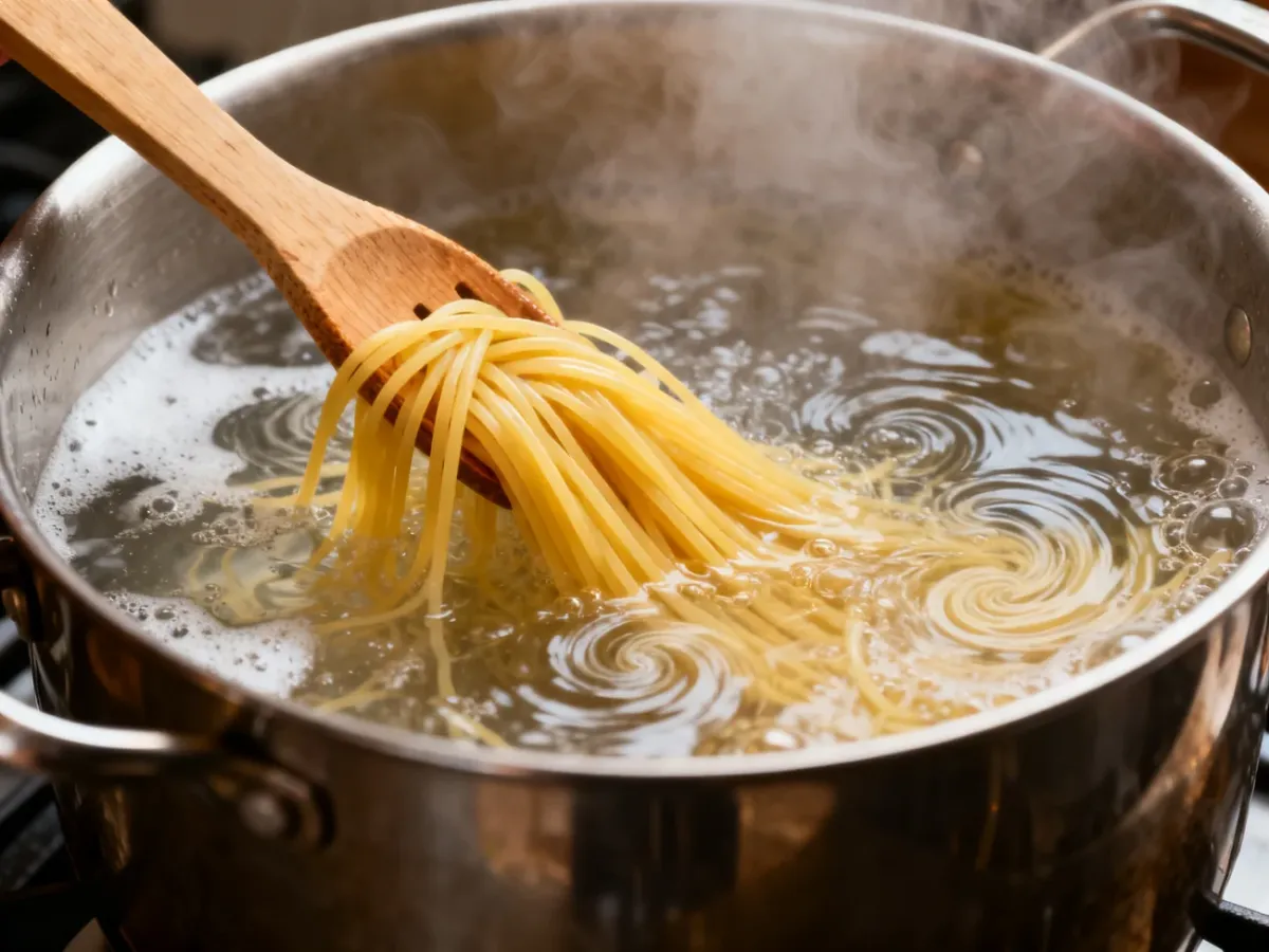 Makaron spaghetti mieszany w dużym garnku z wrzącą wodą